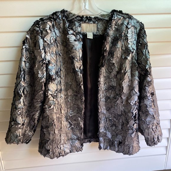 Metallic Black Silver Faux Fur Shaggy Cardigan - Picture 1 of 4